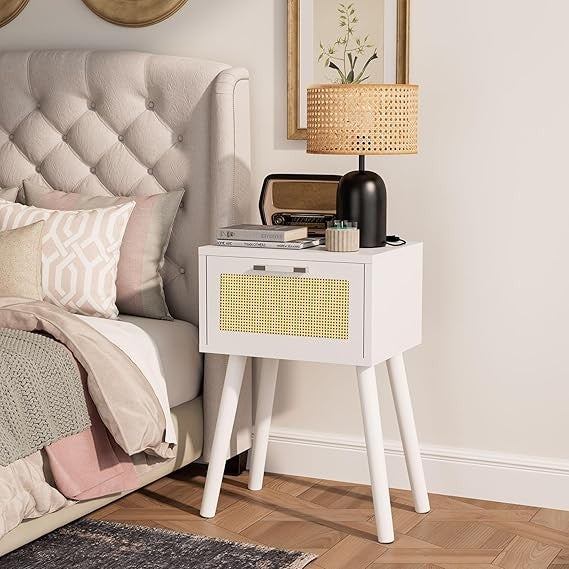 Set of 2 White Bedside Tables with Rattan Drawer & Wood Legs, Modern Nightstands