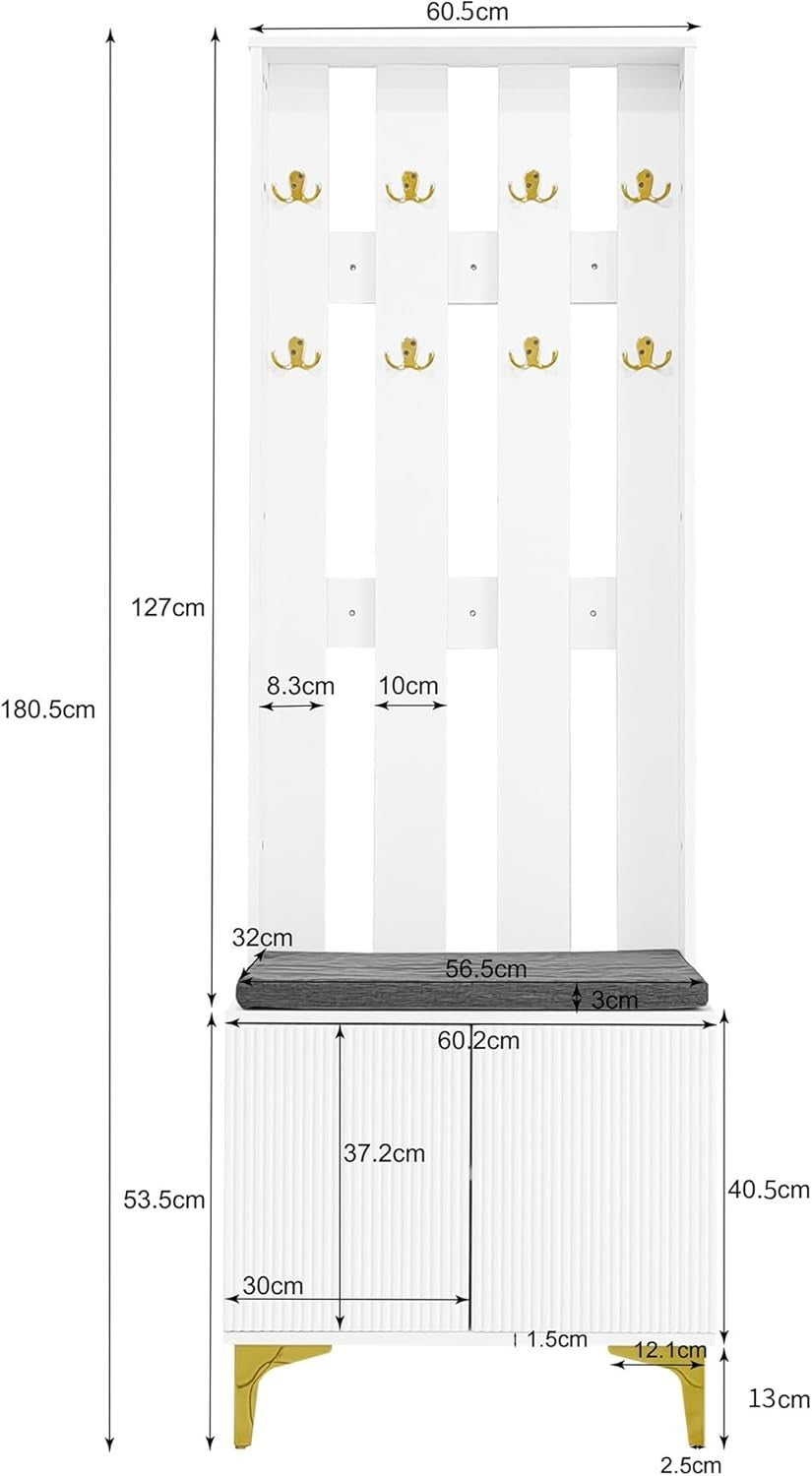 Modern Hallway Coat Rack with Shoe Storage Bench & Drawers – White 180cm