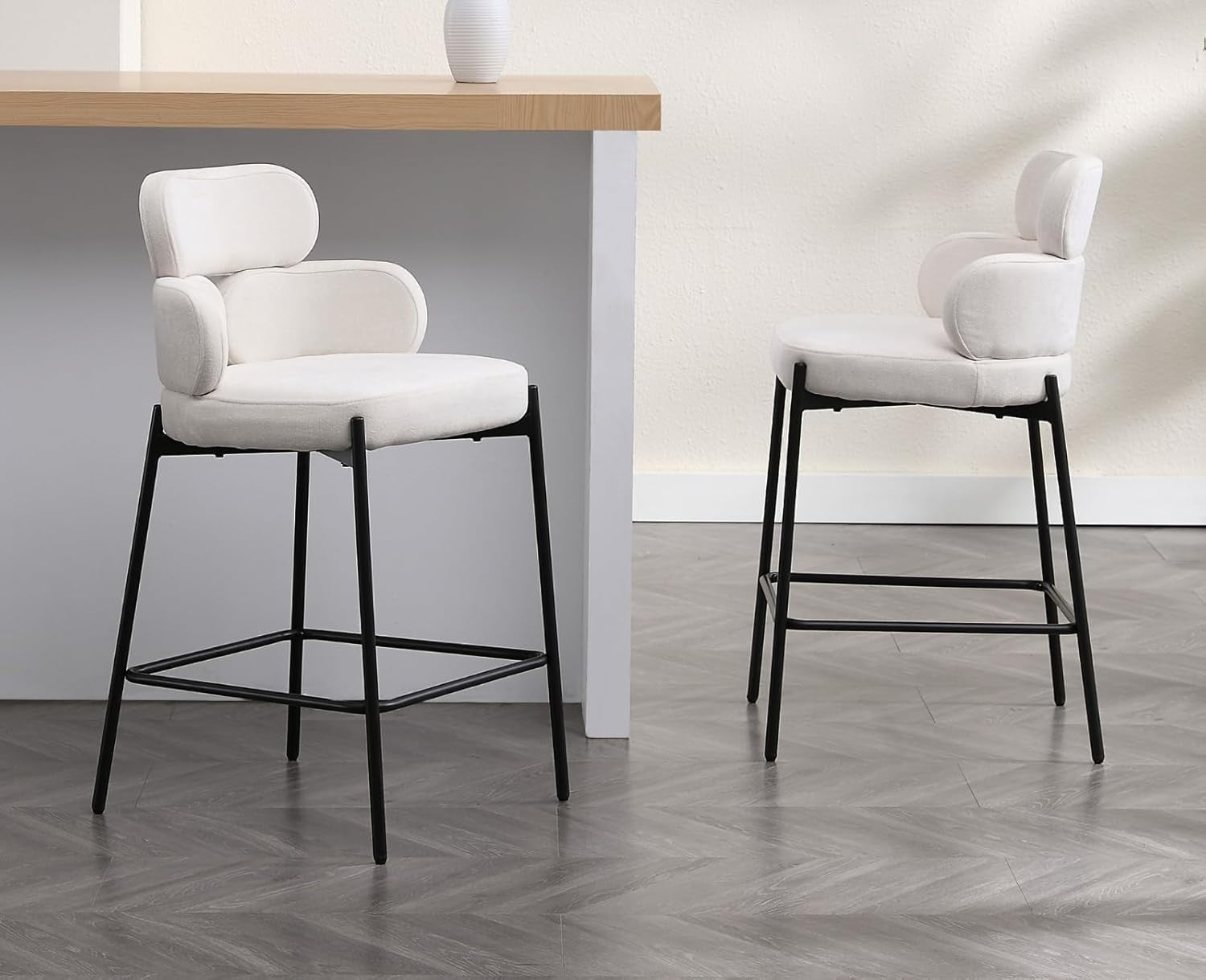 Modern Bar Stools 2pcs Beige Chenille Counter Kitchen Chairs