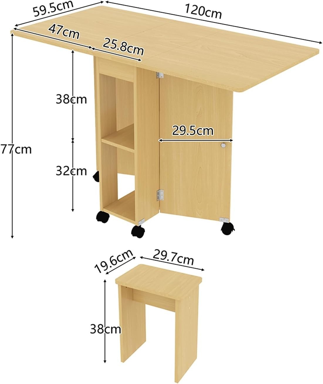 Folding Drop Leaf Dining Table with 4 Stools Space Saving Wheeled Design