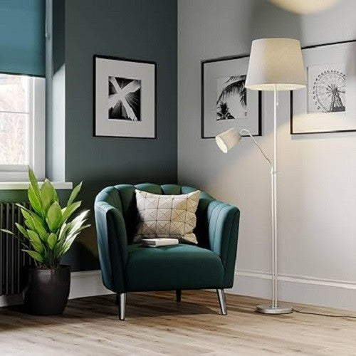 Modern Floor Lamp with Fabric Shade Standing Light Reading Lamp Silver