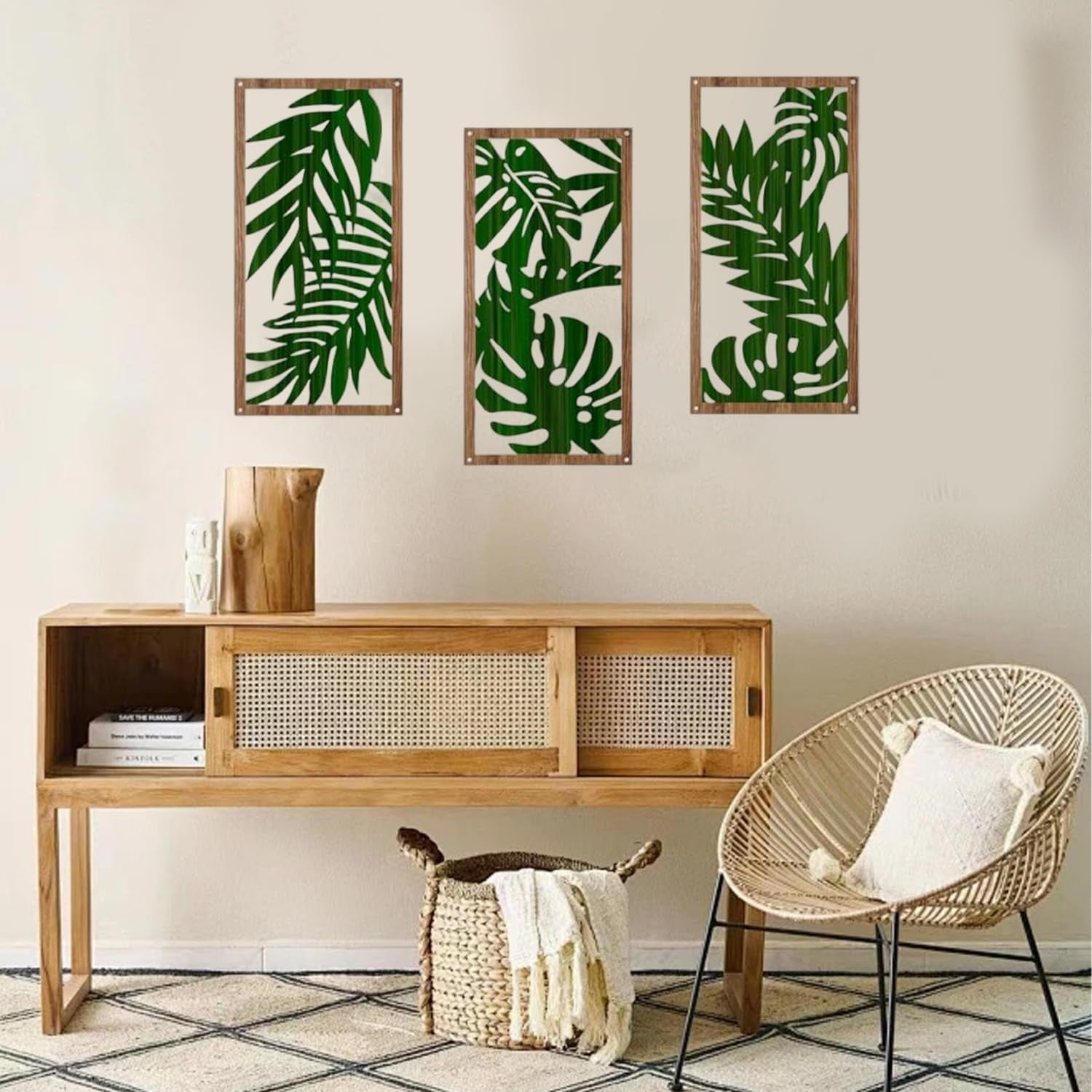3PCS Wooden Boho Wall Art 30x15cm Geometric Leaf Wall Decor
