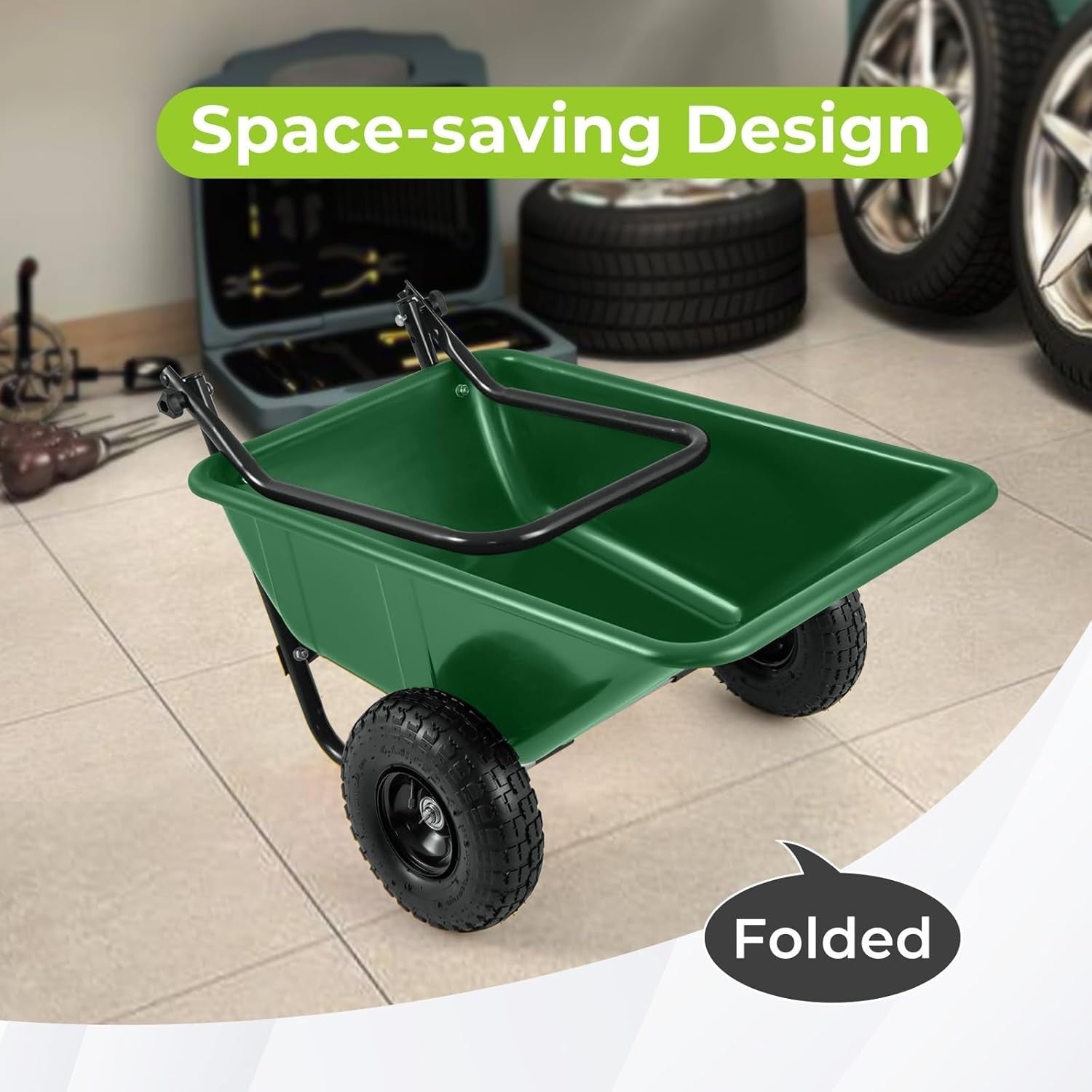 80L 2-Wheel Wheelbarrow Green+Black – Pneumatic Tyres w/ Adj Handle 100kg Cap