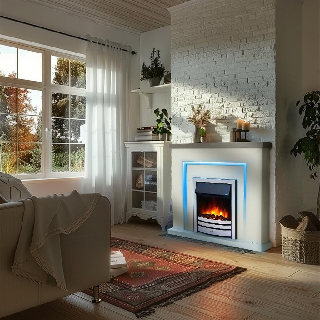 Electric Fireplace Suite 42" LED Flame Fire Remote White Grey Chrome