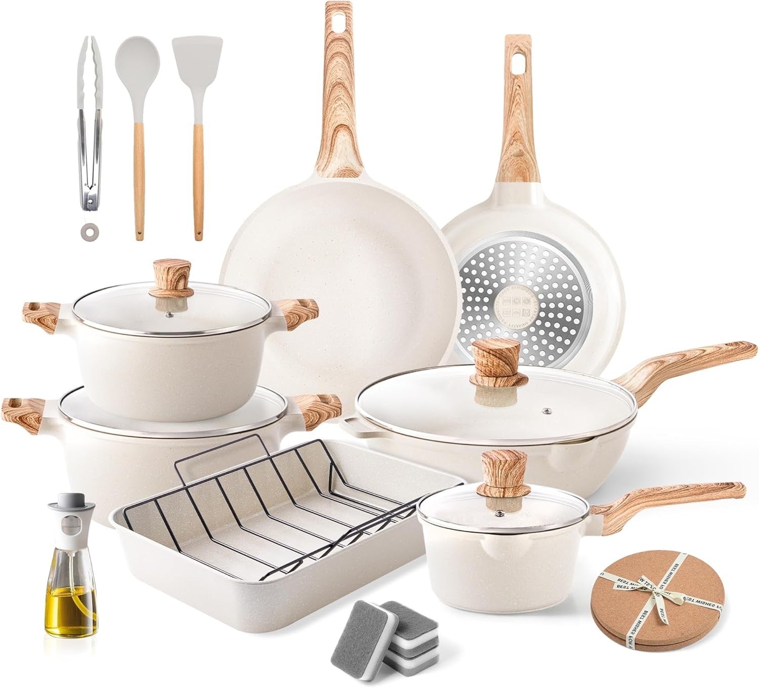 11Pcs Beige Non Stick Cookware Set with Roasting Pan & Lids Induction Safe