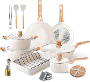 11Pcs Beige Non Stick Cookware Set with Roasting Pan & Lids Induction Safe