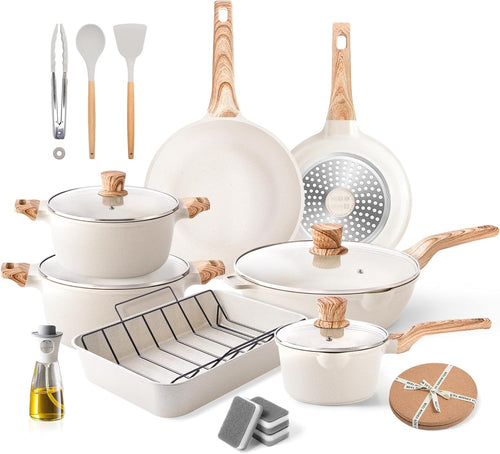 11Pcs Beige Non Stick Cookware Set with Roasting Pan & Lids Induction Safe