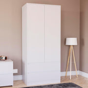 White 2 Door Wardrobe with 2 Drawers Pine Wood Bedroom Storage Cabinet