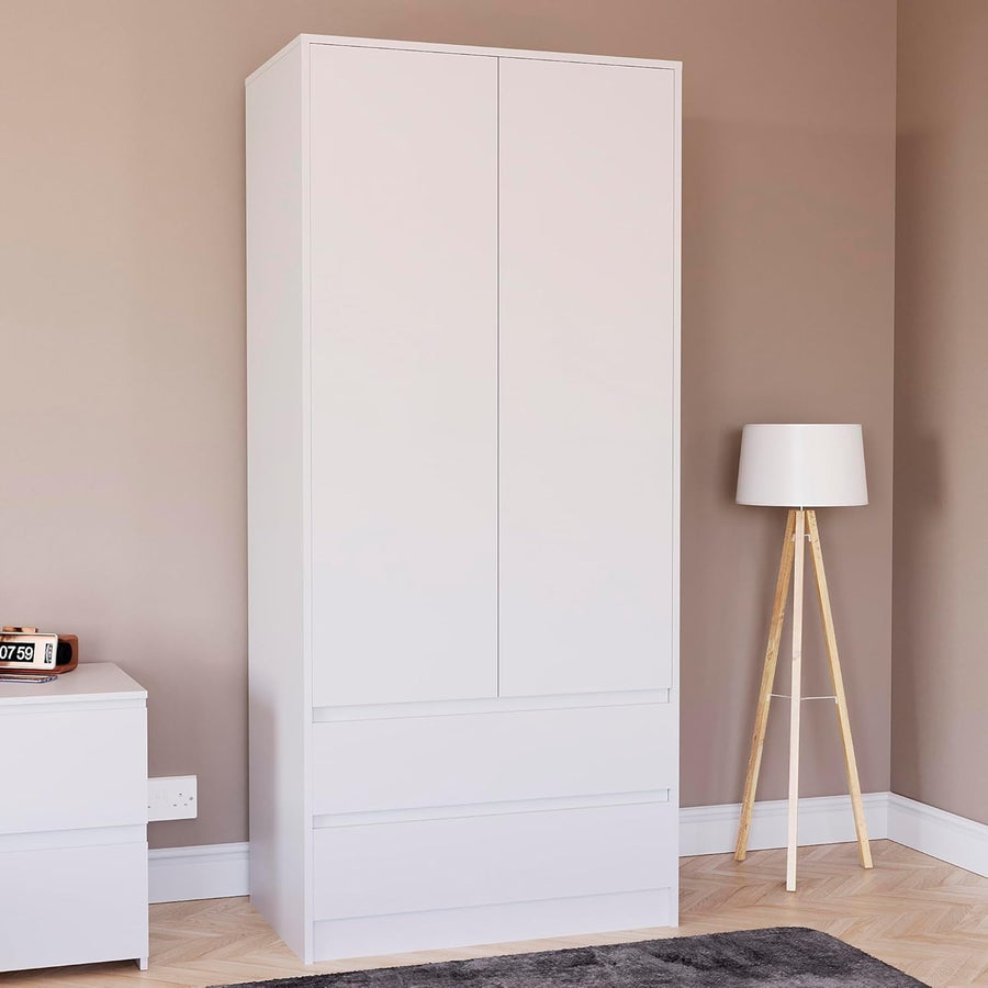 White 2 Door Wardrobe with 2 Drawers Pine Wood Bedroom Storage Cabinet