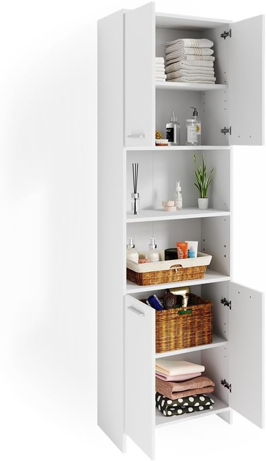 White Bathroom Storage Cabinet with Adjustable Shelves & Doors – 56x190 cm