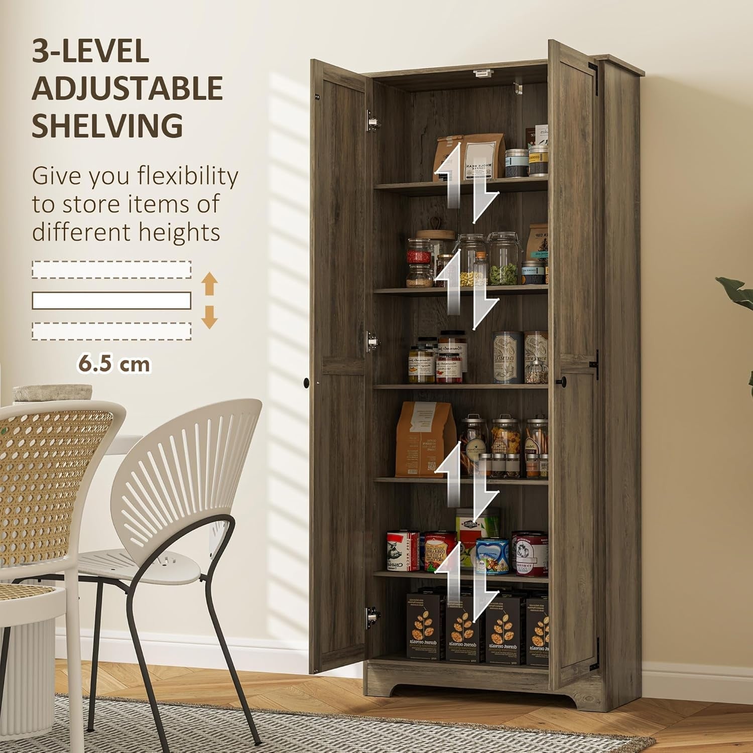 Farmhouse Tall Kitchen Cupboard Grey Wood Storage Cabinet Adjustable