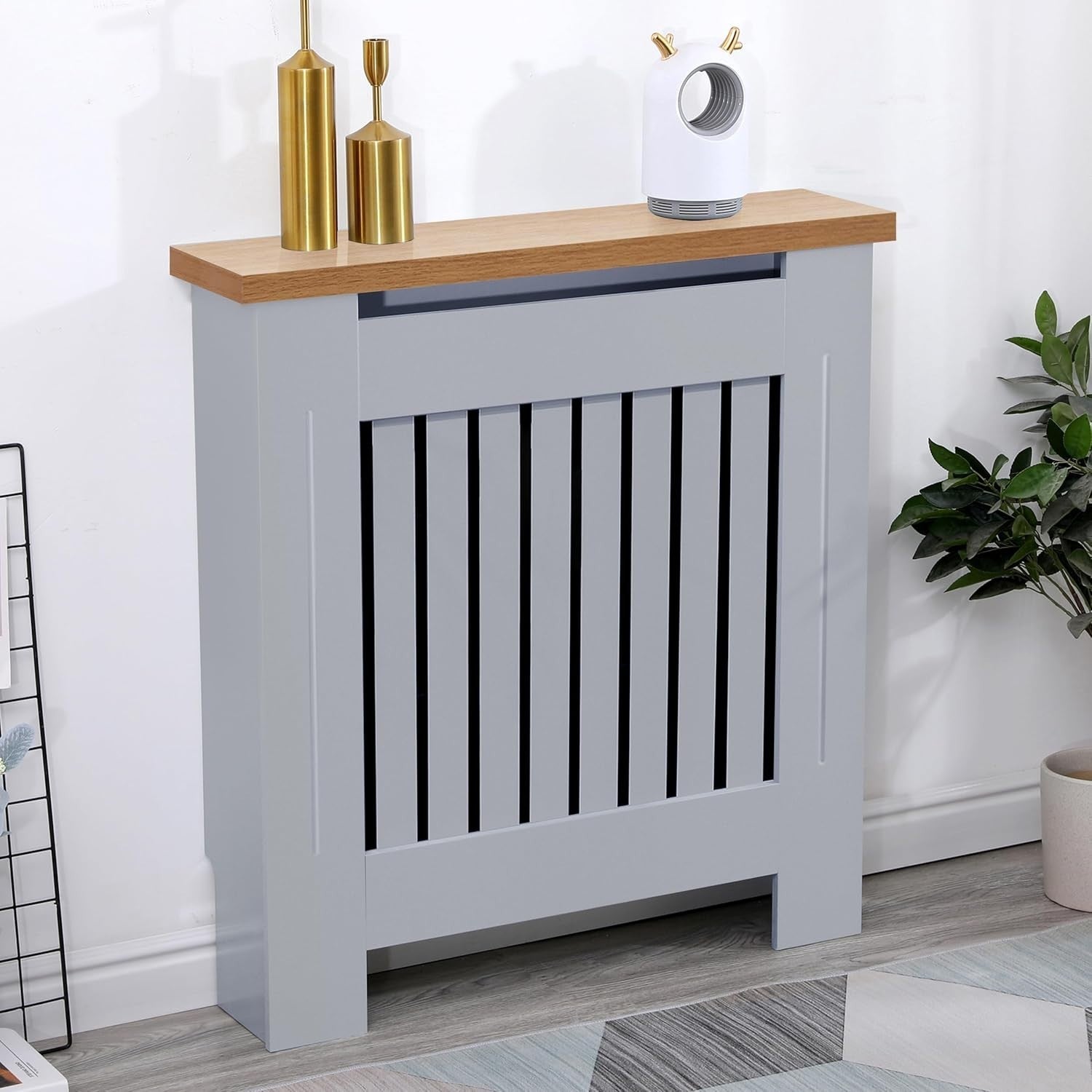 Gray Radiator Cover Small MDF Wood Cabinet Modern Vertical Slat Shelf