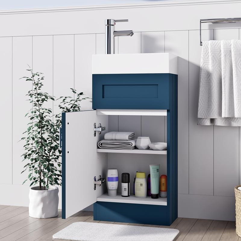 Slim 400mm Bathroom Vanity Unit with Basin Blue Floor Standing Sink Cabinet