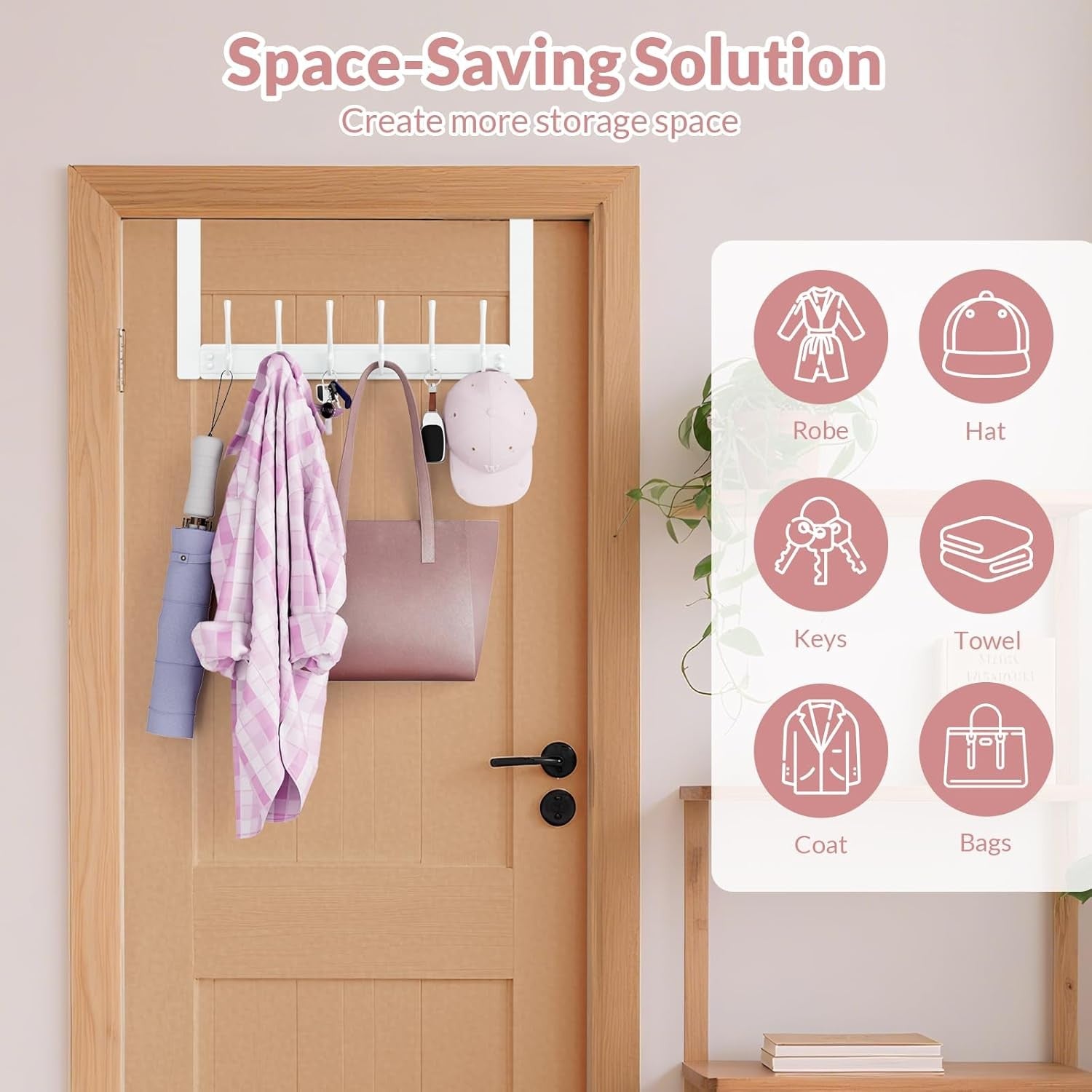 2 Pack White Over Door Hook Rack 6 Hooks Heavy Duty Coat Towel Hanger