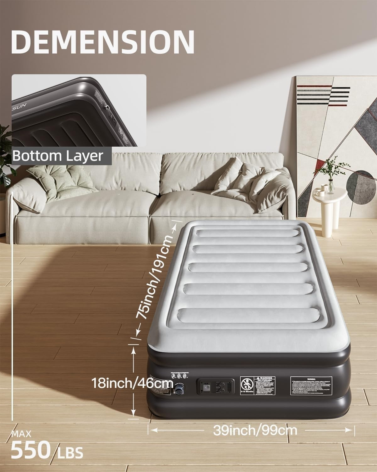 Inflatable Single Air Mattress with Built-In Pump | Portable, Quick Inflate/Defl