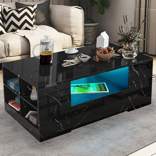 Black Marble High Gloss Coffee Table with LED RGB Lights & Storage 95x55x37cm