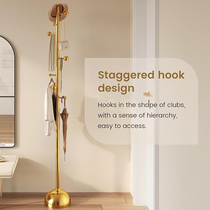 Gold Freestanding Metal Coat Rack | 8 Hooks Modern Floor Stand with Weighted