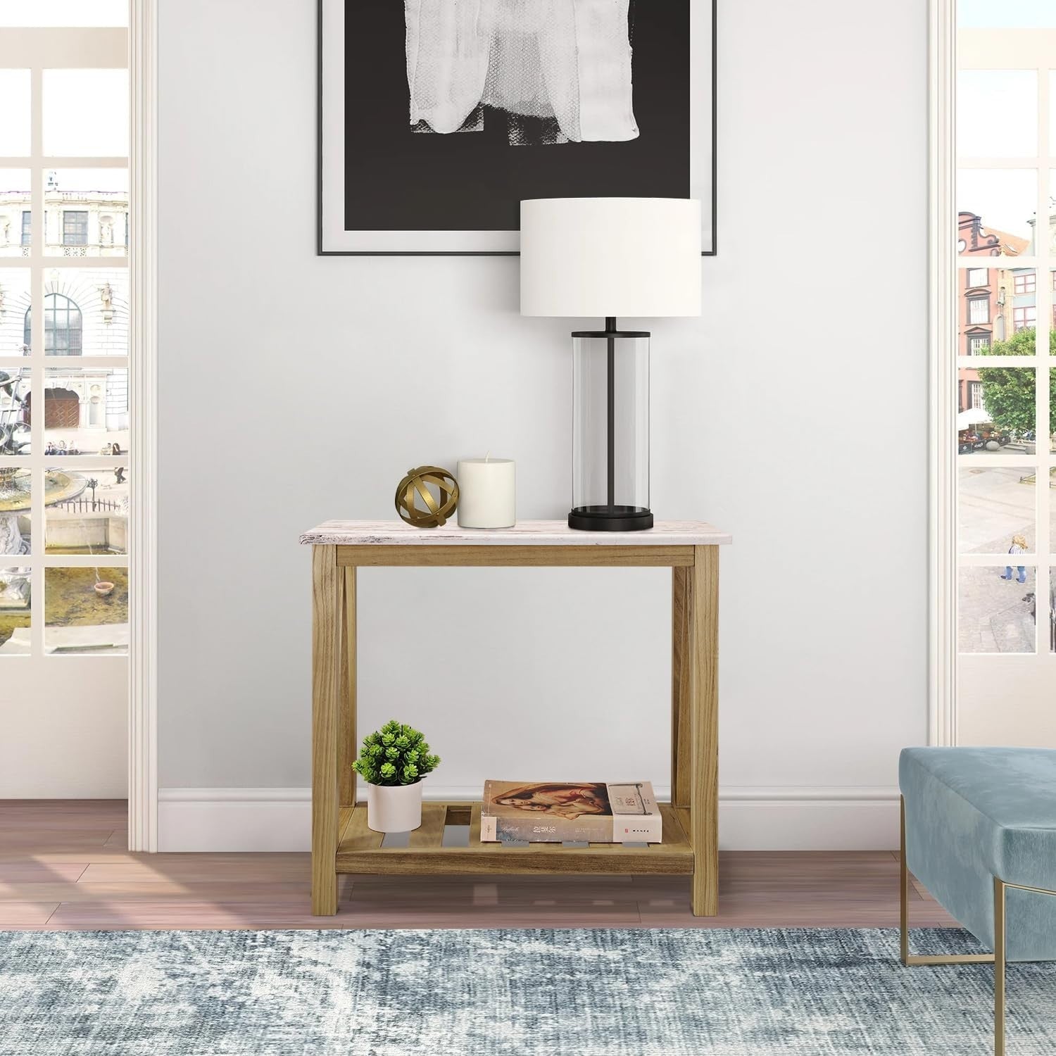 Farmhouse Narrow Table for Small Spaces End Side Table with Storage Shelf Rectan