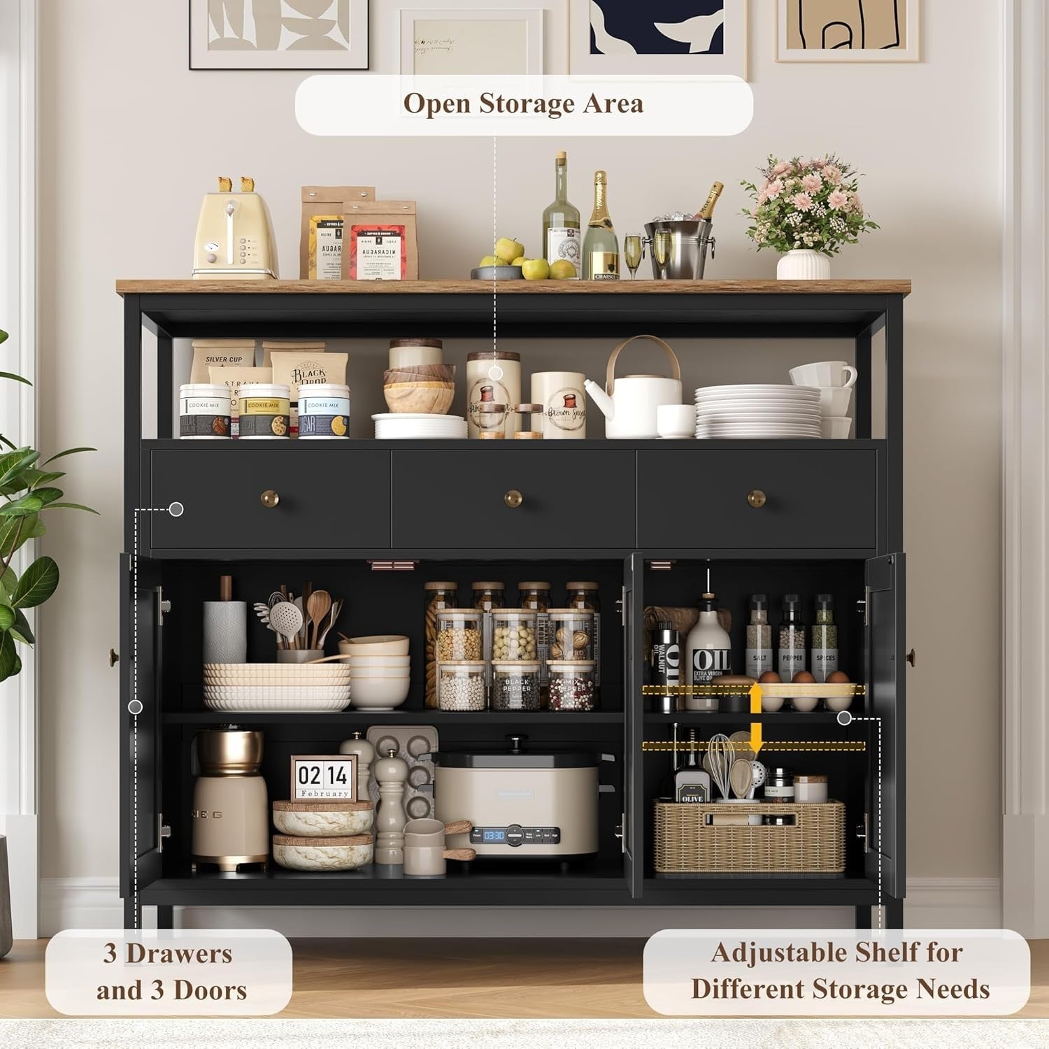 Black Sideboard Storage Cabinet 98.5cm Kitchen Cupboard Drawers Shelves