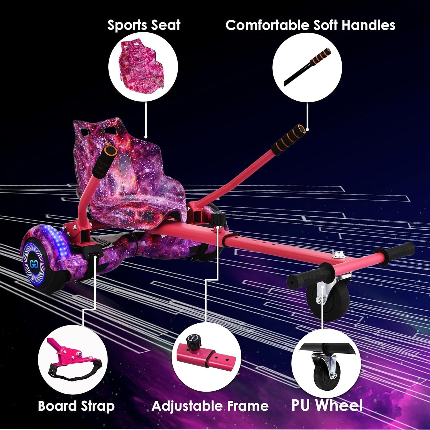 Hoverkart Attachment Seat Frame for 6.5 8 10 Inch Hoverboards Pink