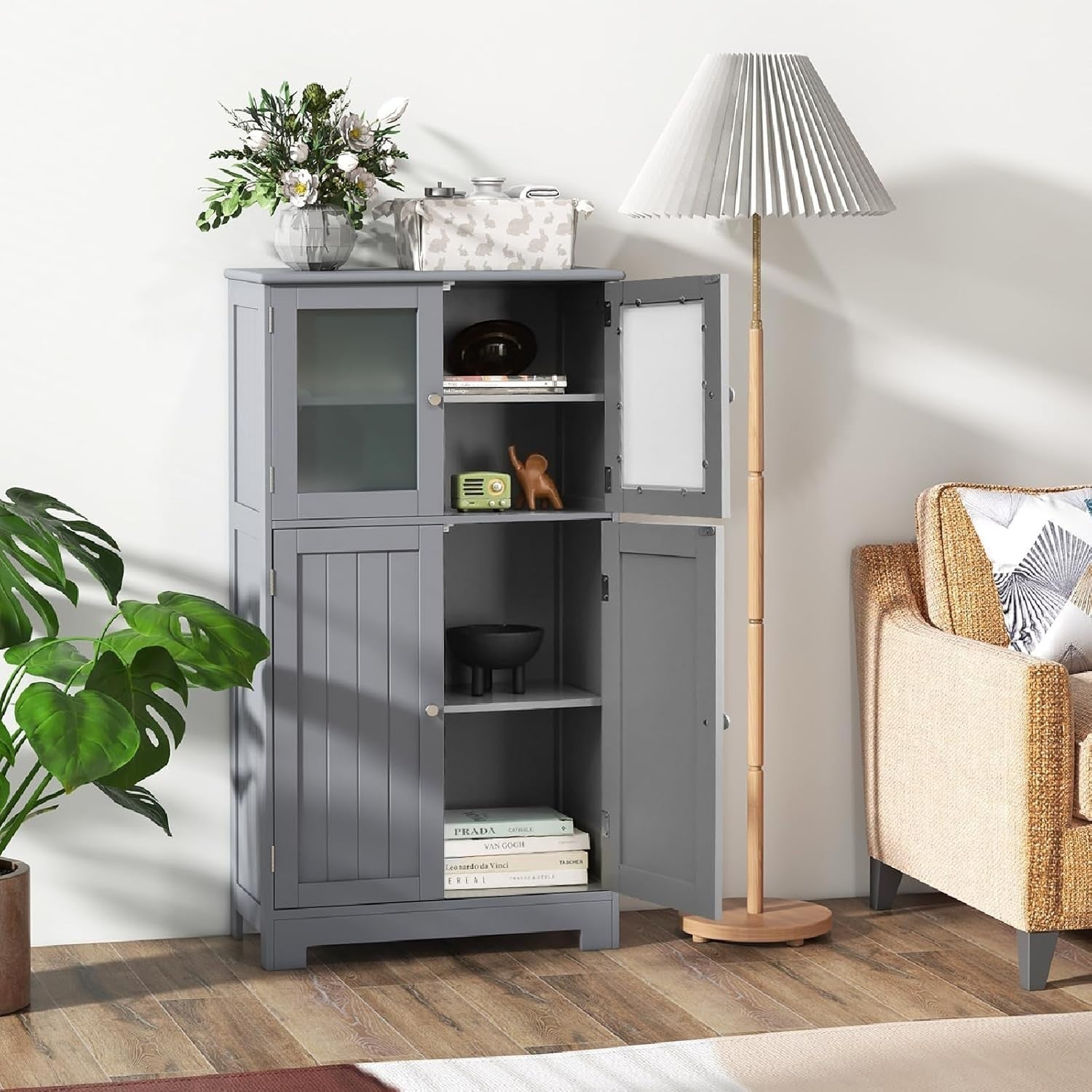Freestanding Bathroom Floor Cabinet with Tempered Glass & Adjustable Shelves