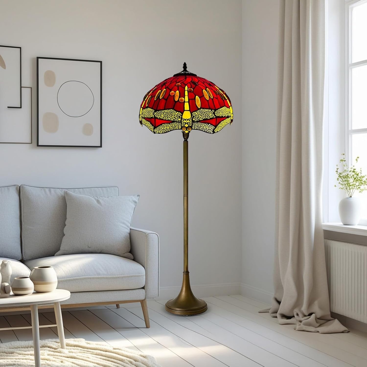 Tiffany Style Floor Lamp Handcrafted Stained Glass 16in Antique Design Light