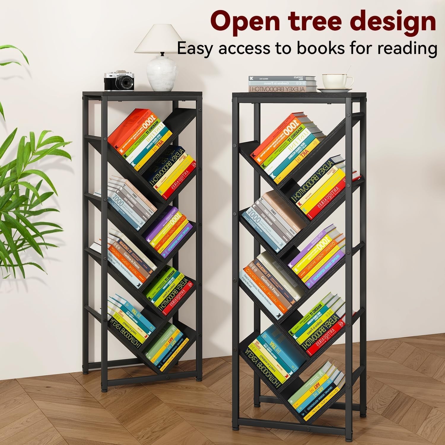 9-Tier Tree Bookshelf Black Wooden Floor Standing Corner Shelf Storage