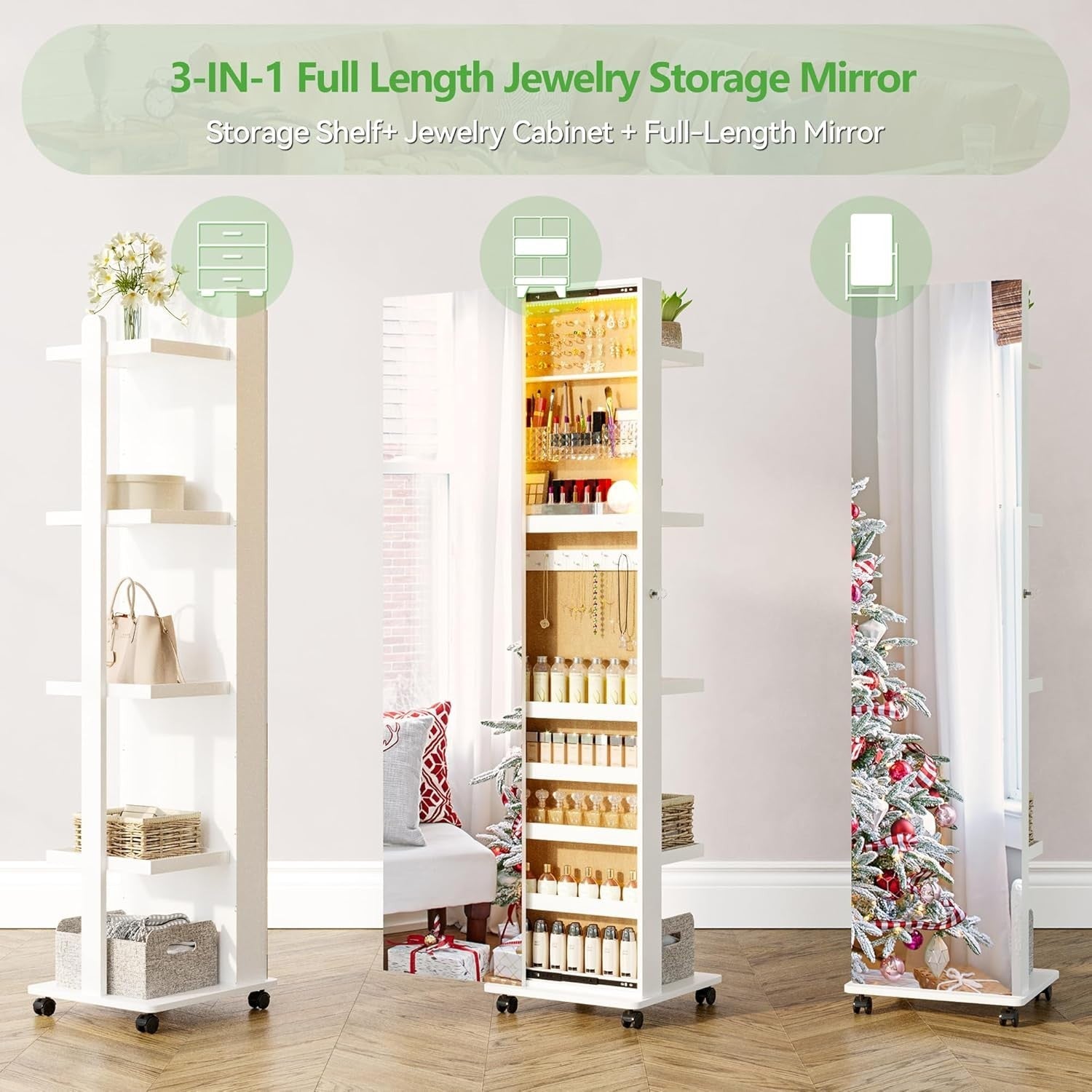 White 360° Rotating Jewellery Cabinet Sliding Door LED Mirror with Wheels