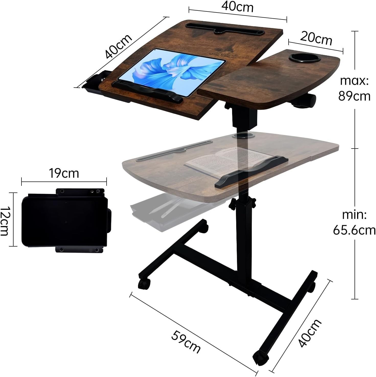 Overbed Table Laptop Desk Adjustable Height Rolling Bedside Stand with Tilt Top