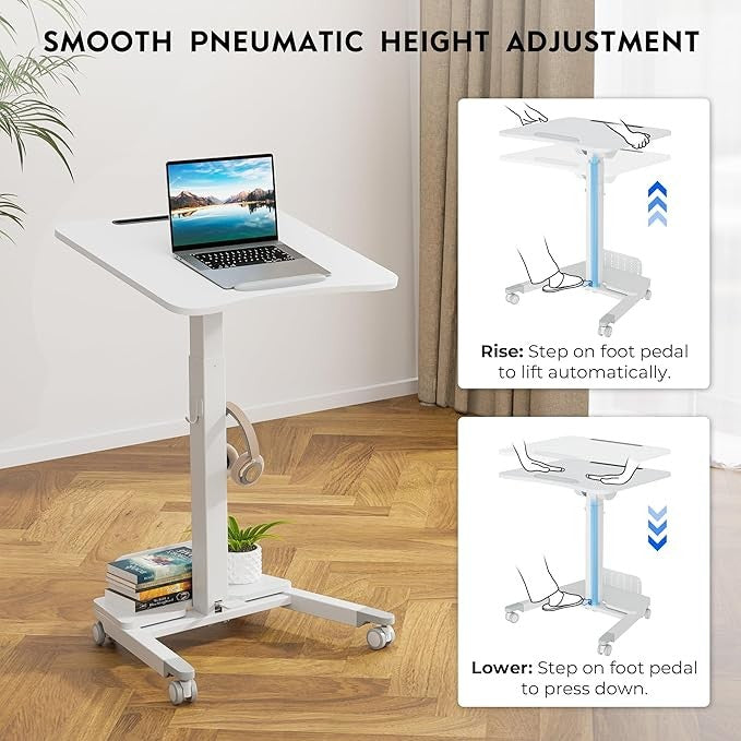 Mobile Standing Desk Adjustable Height Rolling Laptop Table 60x52cm White