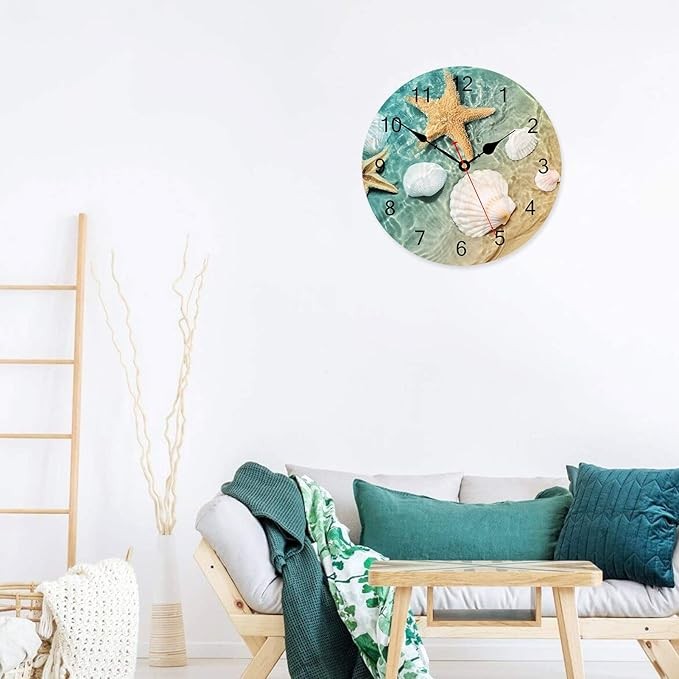 14" Seashell Starfish Wall Clock Silent Coastal Beach Ocean Home Decor