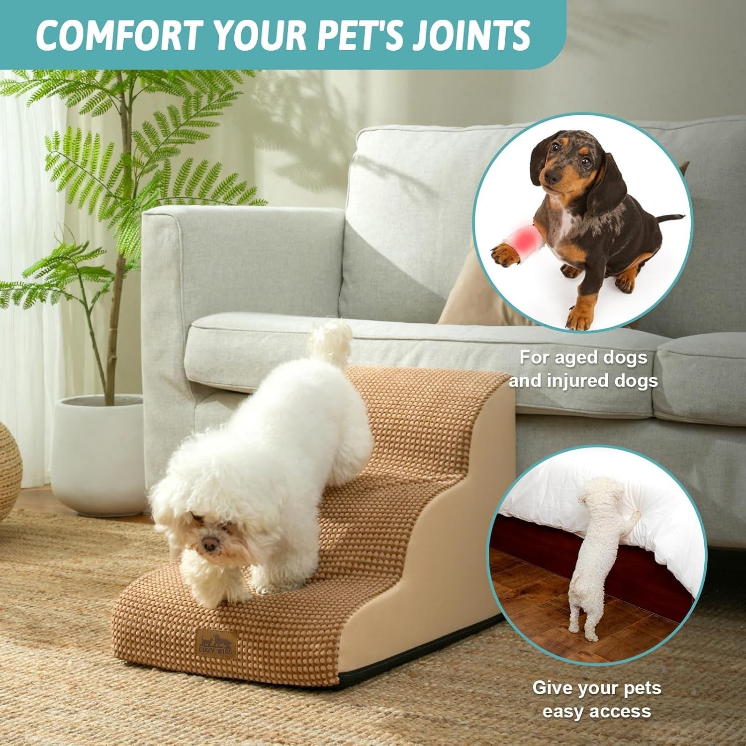 Dog Stairs 3 Step Foam Pet Ramp for Bed Sofa Leakproof Brown