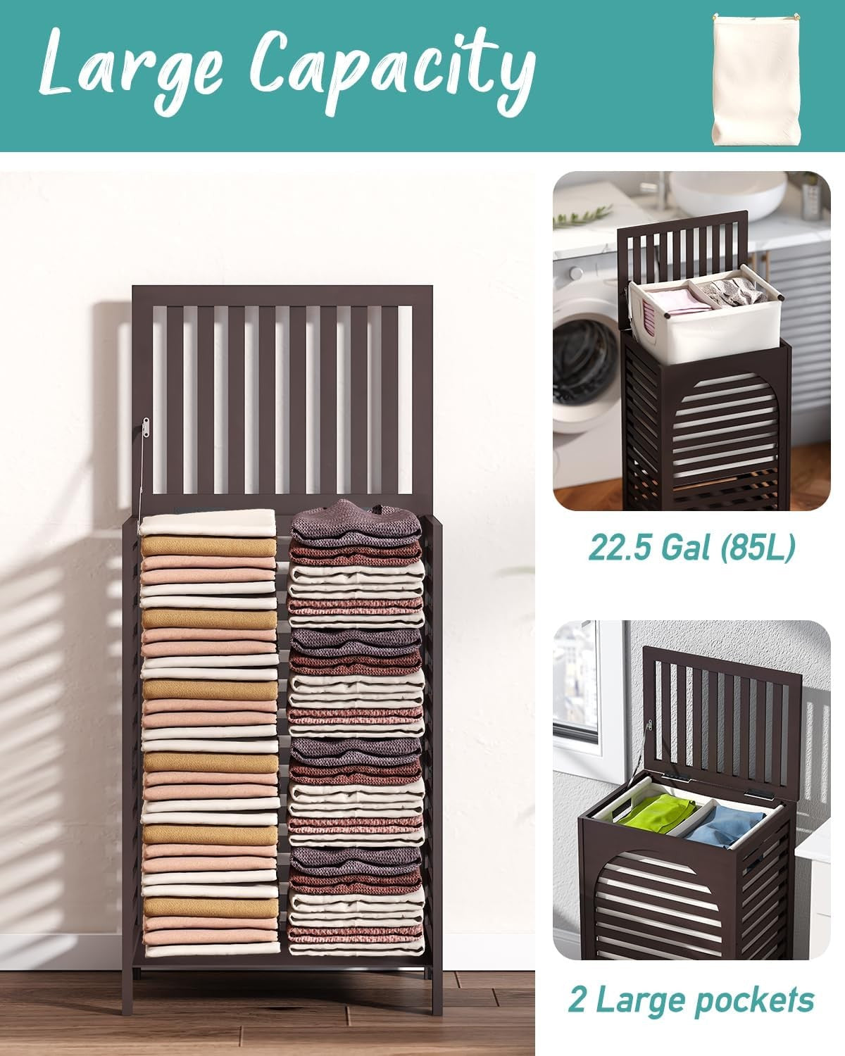 Large Bamboo Laundry Hamper with Lid & Liner | 85L Ventilated Clothes Basket Bro