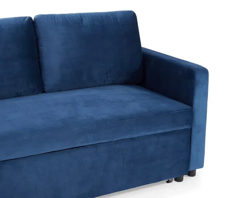 3 Seater Sofa Bed Blue Velvet | Pull Out Chaise with Storage | Reversible