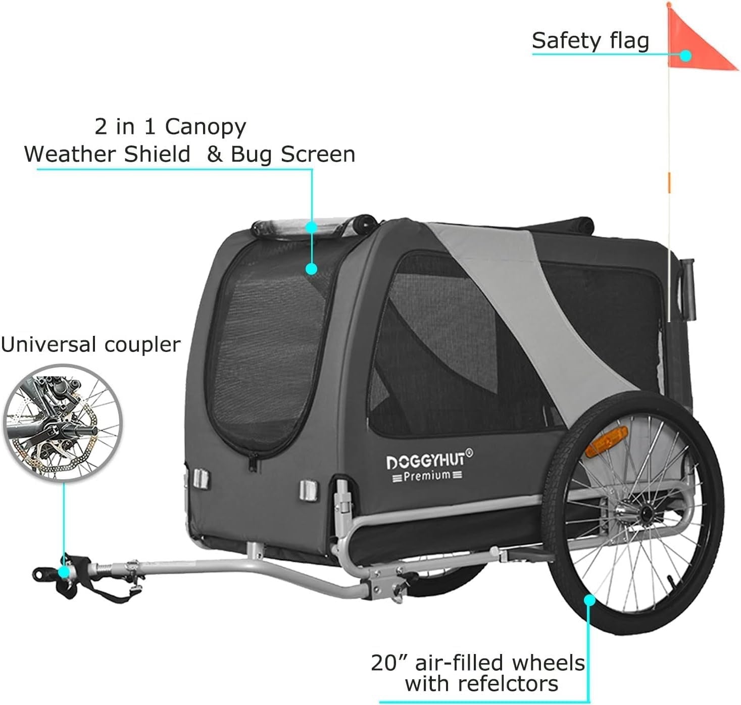 XL Dog Bike Trailer Stroller 45kg Heavy Duty Grey Black Pet Transport