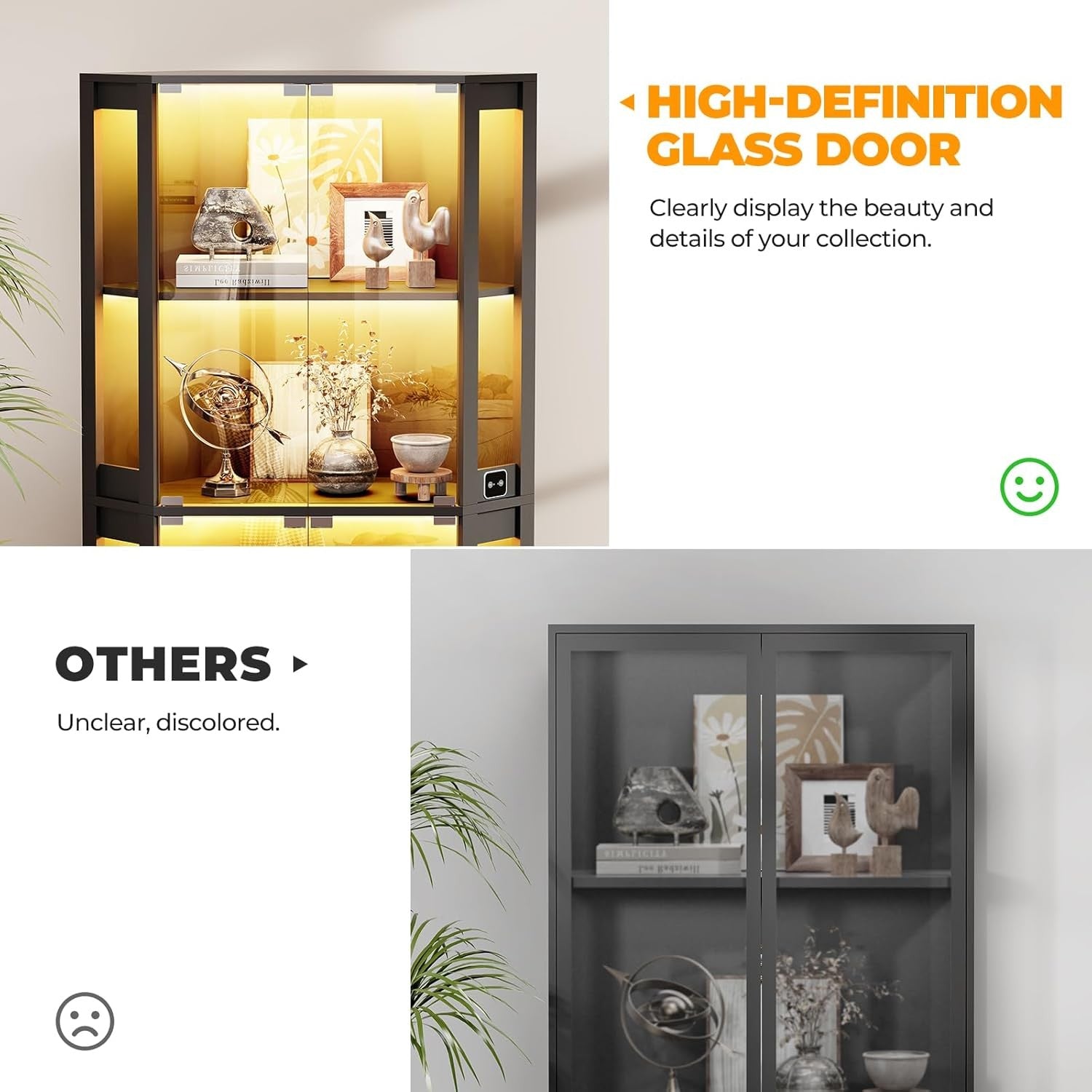 65" Tall LED Display Cabinet Corner Glass Shelves With Sensor Modern Storage