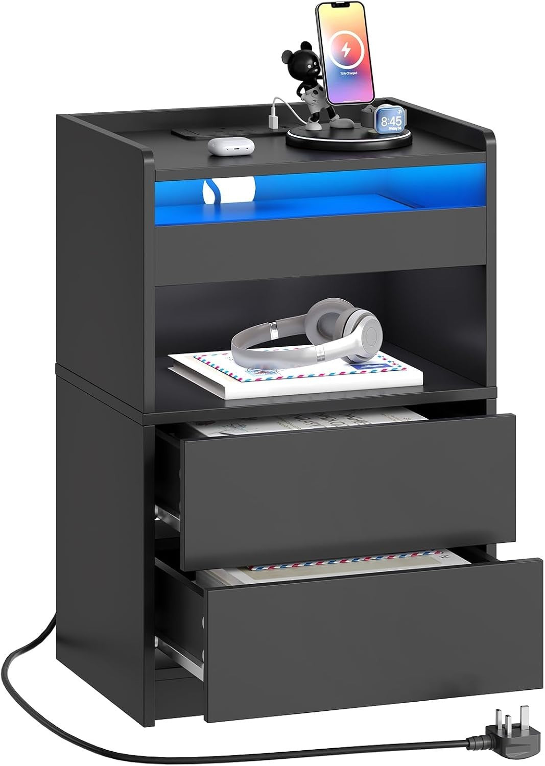 Smart LED Bedside Table with Charging Station & 3 Drawers – Modern Black