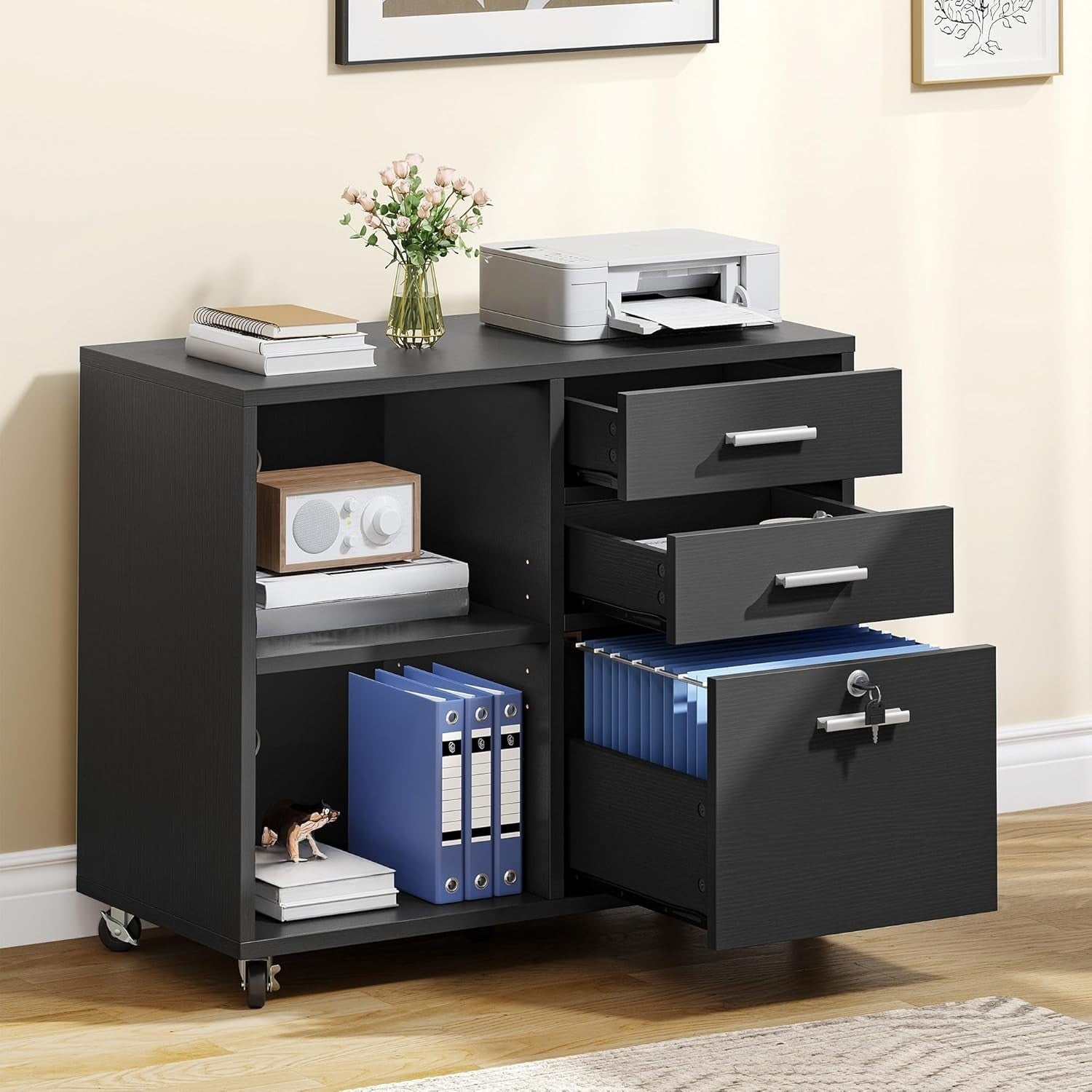 Black Rolling File Cabinet 80x40x65cm 3 Drawer Printer Stand