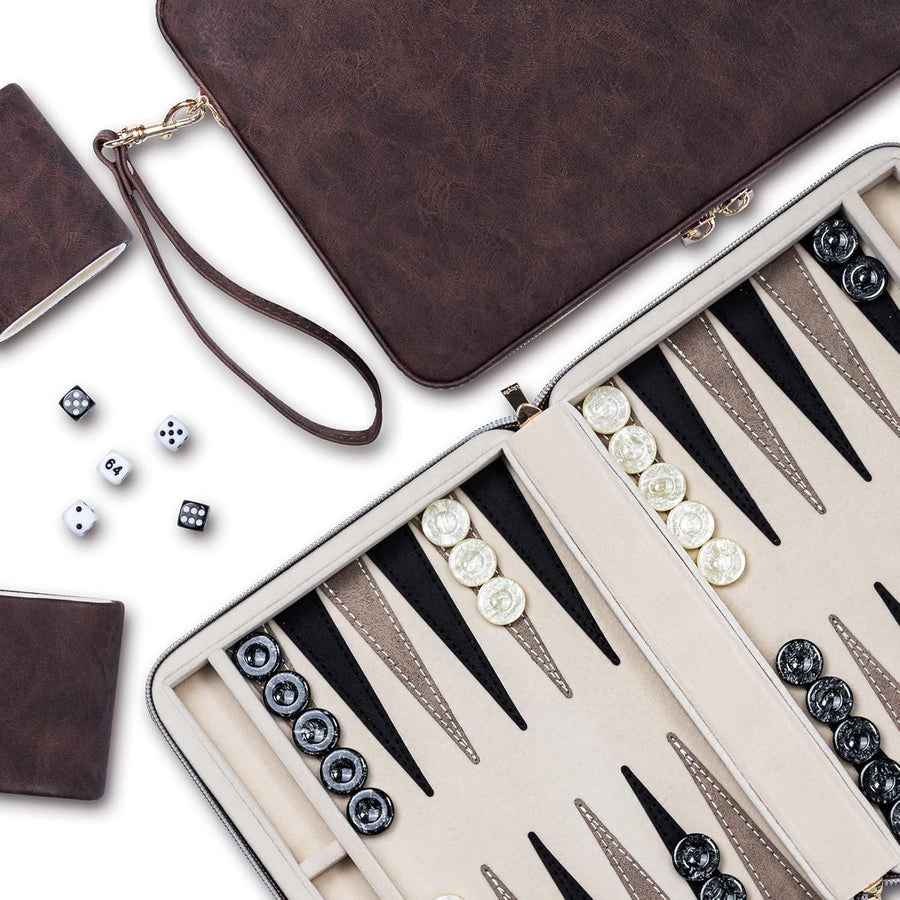 9.4 Inch Travel Backgammon Set Faux Leather Folding Board Portable