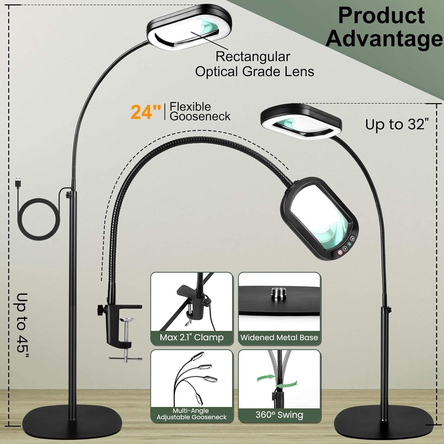 10X LED Magnifying Floor Lamp Black Hands Free Rectangular Lens Dimmable