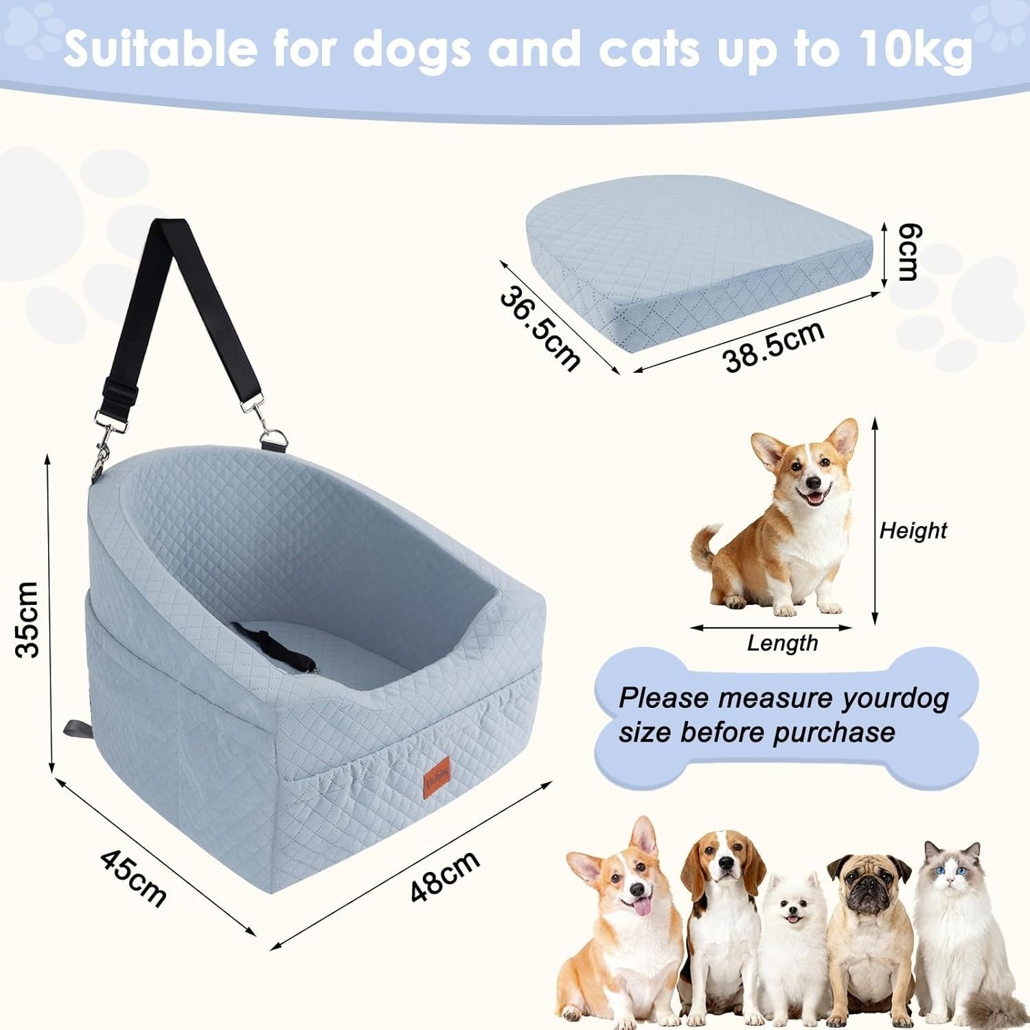 Memory Foam Dog Booster Car Seat Washable Travel Bed Grey Small Dogs