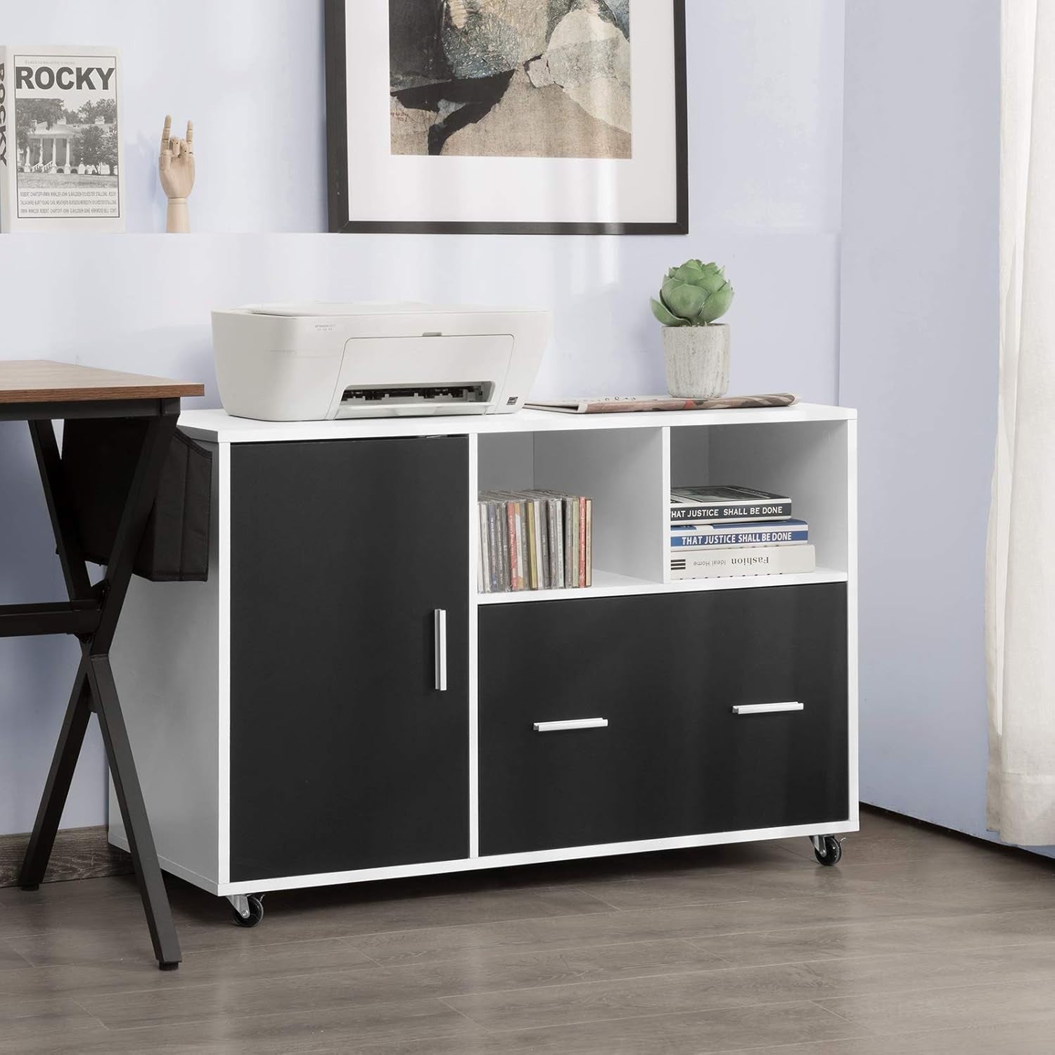 Black White Mobile File Cabinet 100cm Printer Stand Rolling Storage