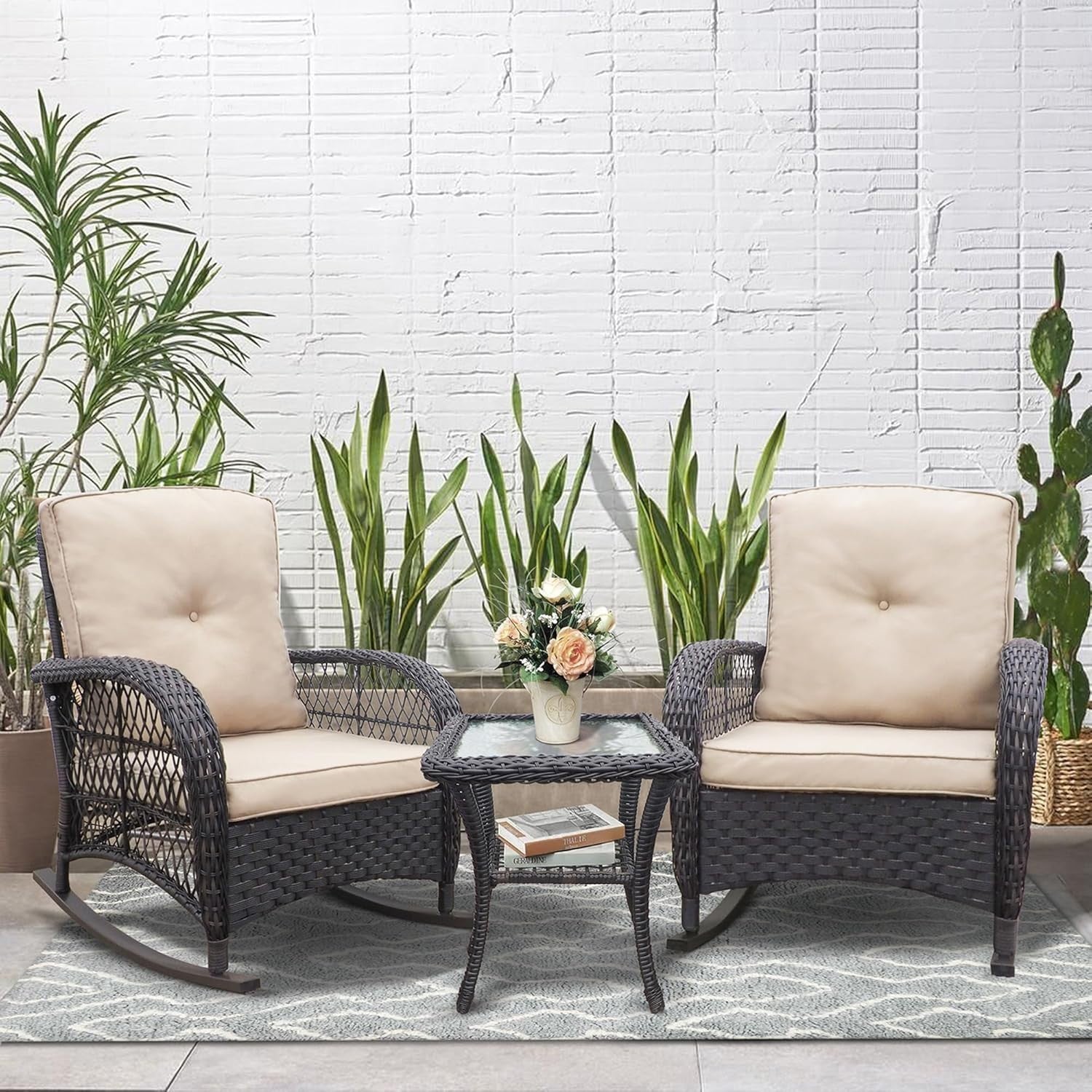 3pc Rattan Rocking Chair Bistro Set w/ Cushions & Glass Table Patio Garden