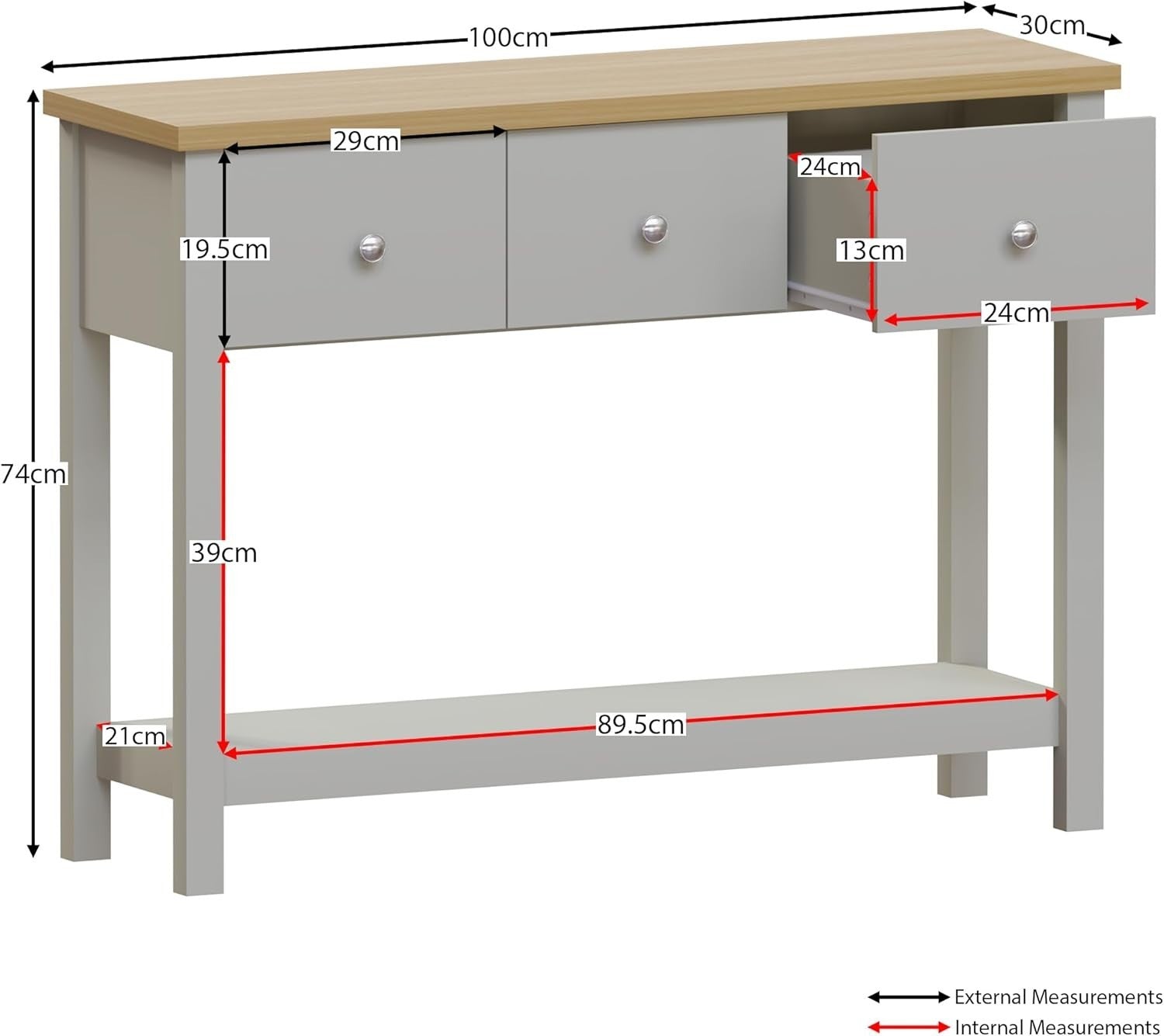 Console Table with Storage Shelf & 3 Drawers, Grey MDF, 74H x 100W x 30D cm