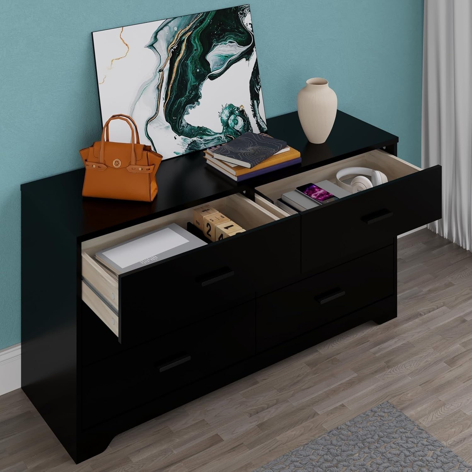 Black 6 Drawer Wooden Chest Storage Cabinet Bedroom Organizer Unit
