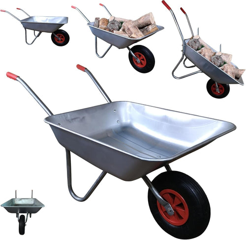 65L Galvanised Wheelbarrow – Steel Tub w/ Pneumatic Tyre & Red Grip Handles 60kg