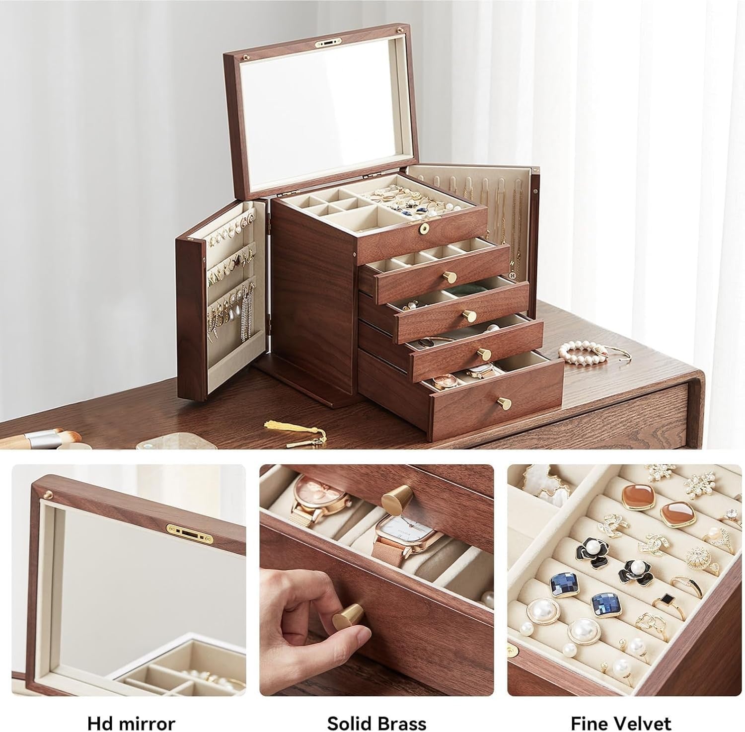 Walnut Wooden Jewelry Box Lockable Mirror 5 Layer Luxury Storage Case