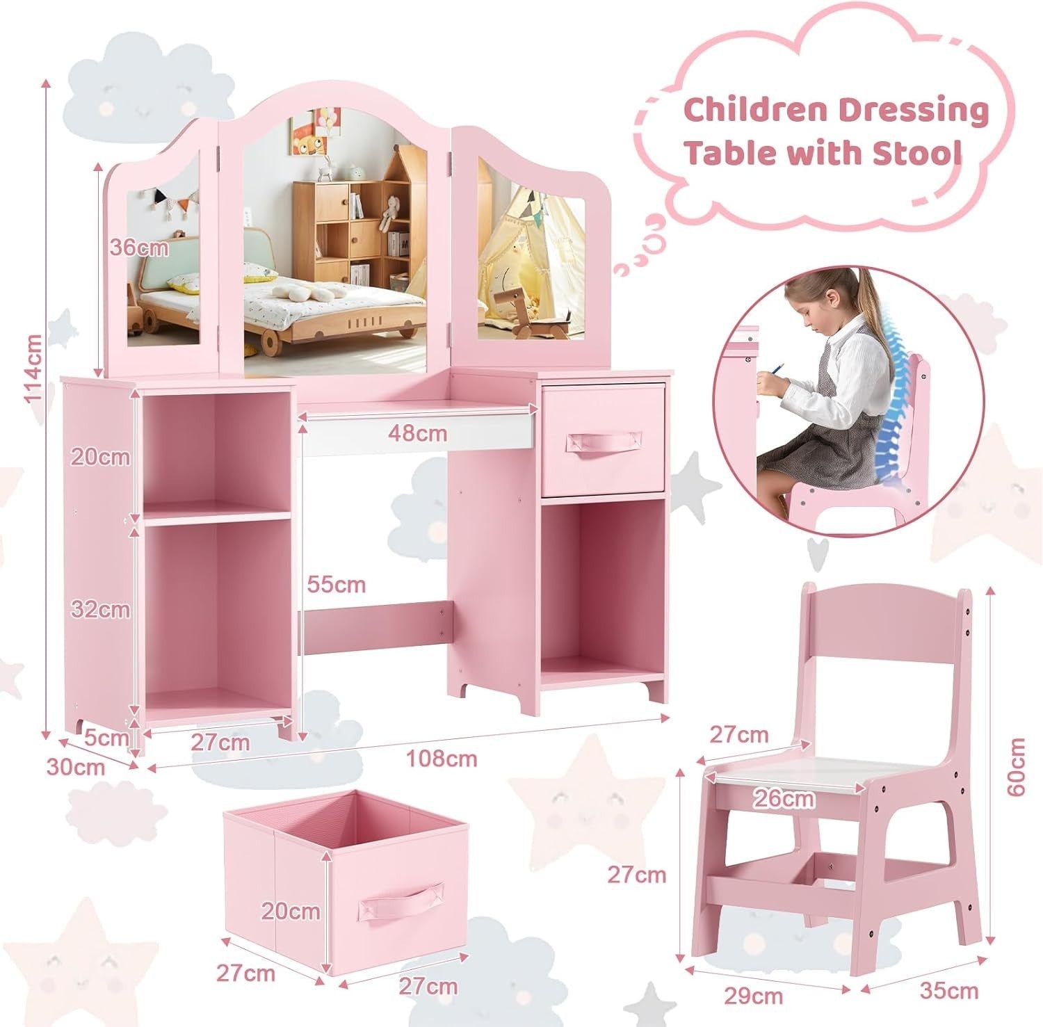 Kids Vanity Dressing Table Set with Tri-Fold Mirror, Stool & Storage Pink