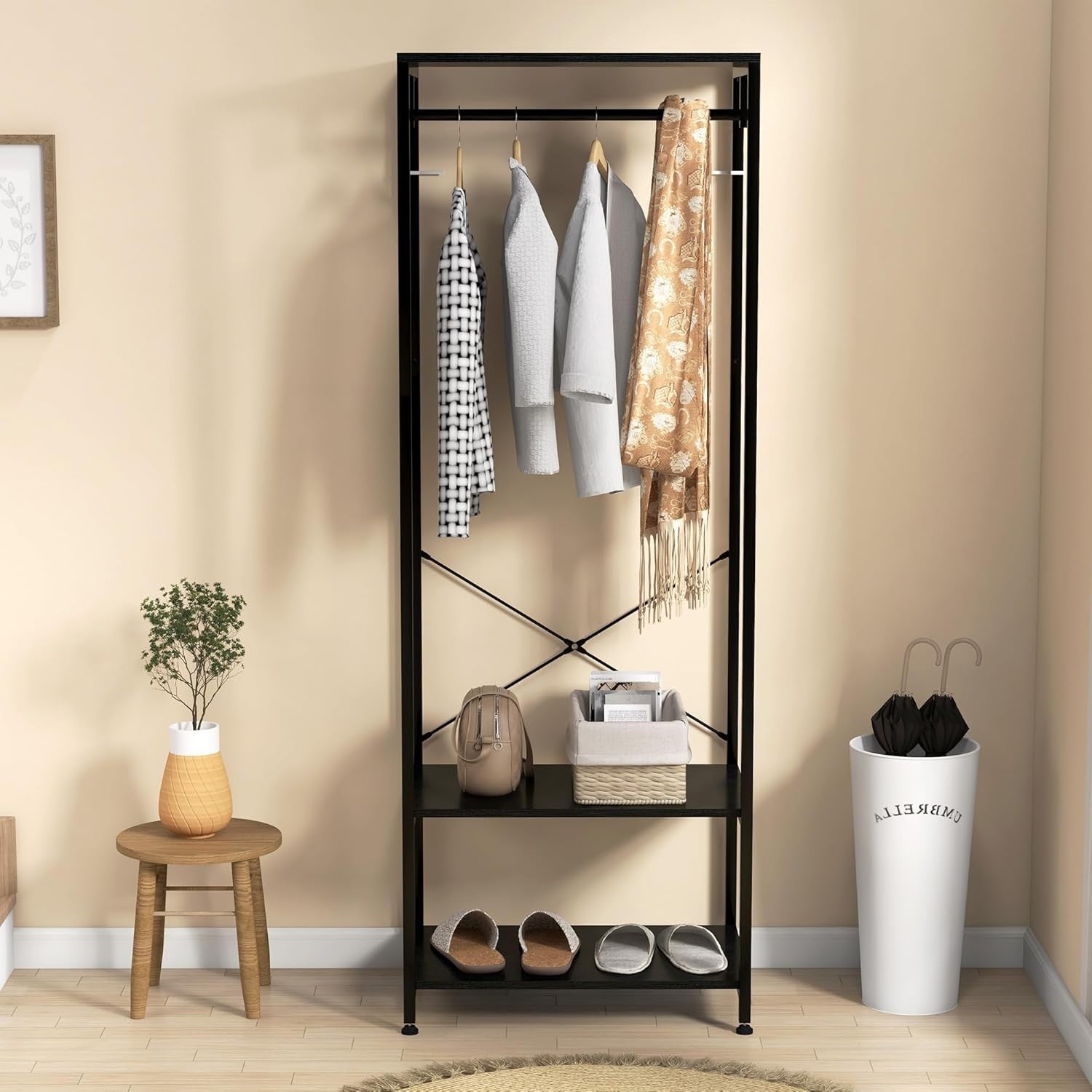 2-in-1 Coat Rack Hall Tree with Shoe Storage, Black Steel Frame, 2 Shelves