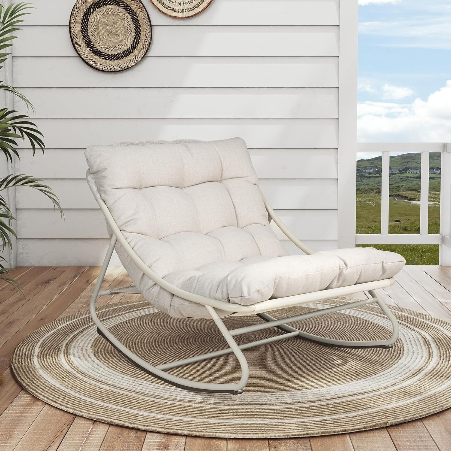 Outdoor Rocking Chair with Cushion Adjustable Rattan Patio Lounger Seat